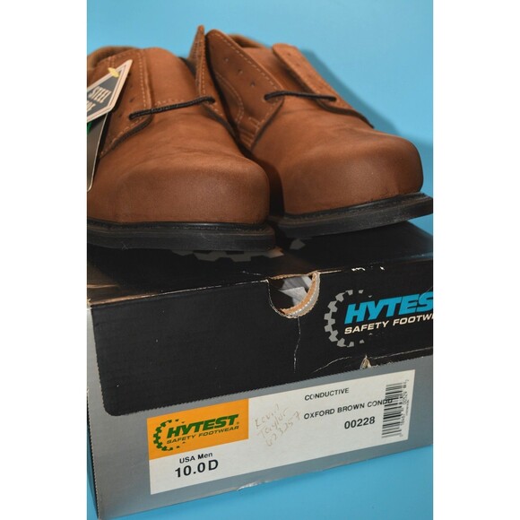 Hytest Sz 10 D Steel Toe Conductive Oxford Work Shoes Brown Leather Slip Grip - Picture 1 of 7
